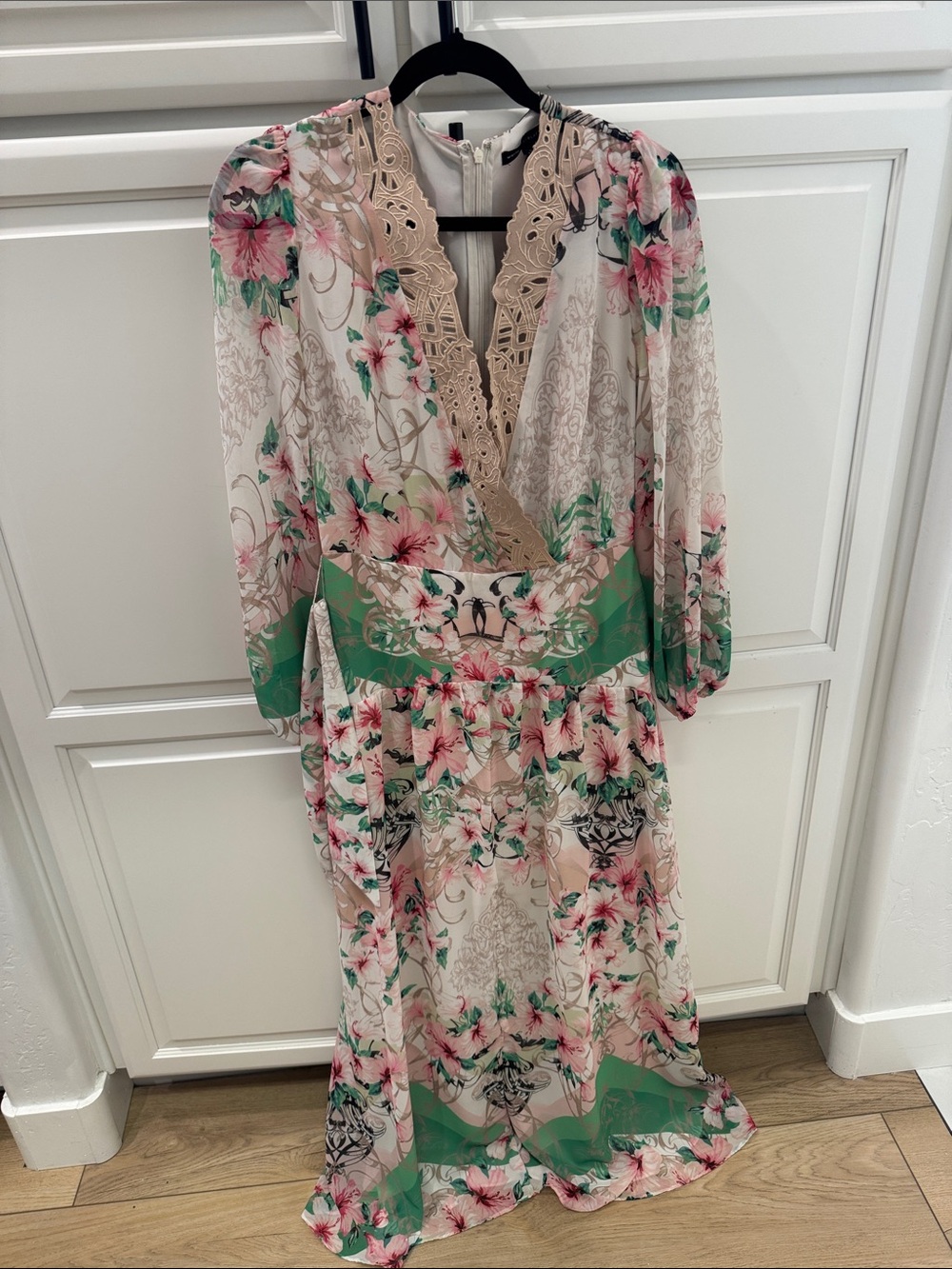 White House Black Market Floral V-Neck Maxi Dress in Cream, Pink and Green